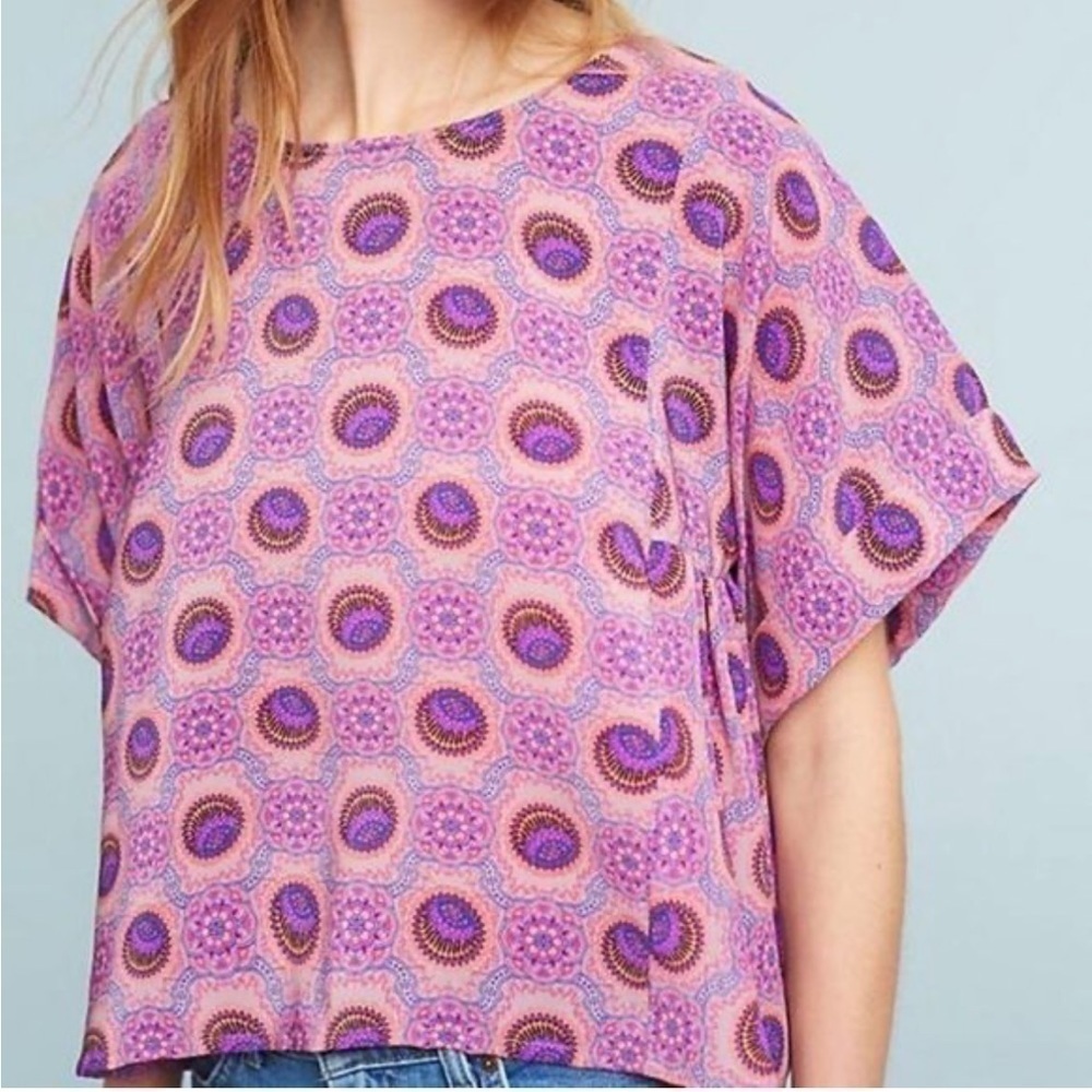 Maeve Anthropologie Pink Purple Milla Medallion Short Sleeve Blouse Boho Small